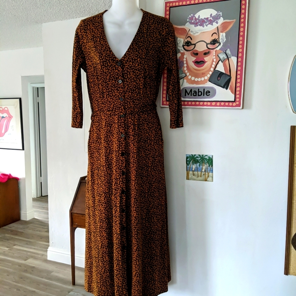 ♥️ BODEN Jersey Midi Dress Sz 6 R Abstract Print Button Front, Belt,…